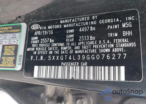 2016 Kia Optima Lx from USA, damaged, VIN 5XXGT4L39GG076277